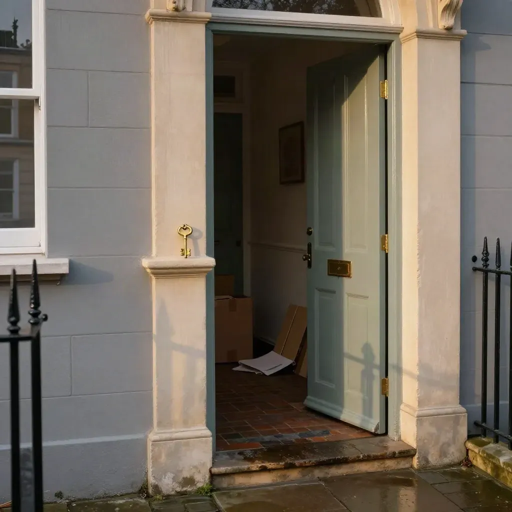 Brass key on a Victorian terrace sill, open doorway glowing after rain