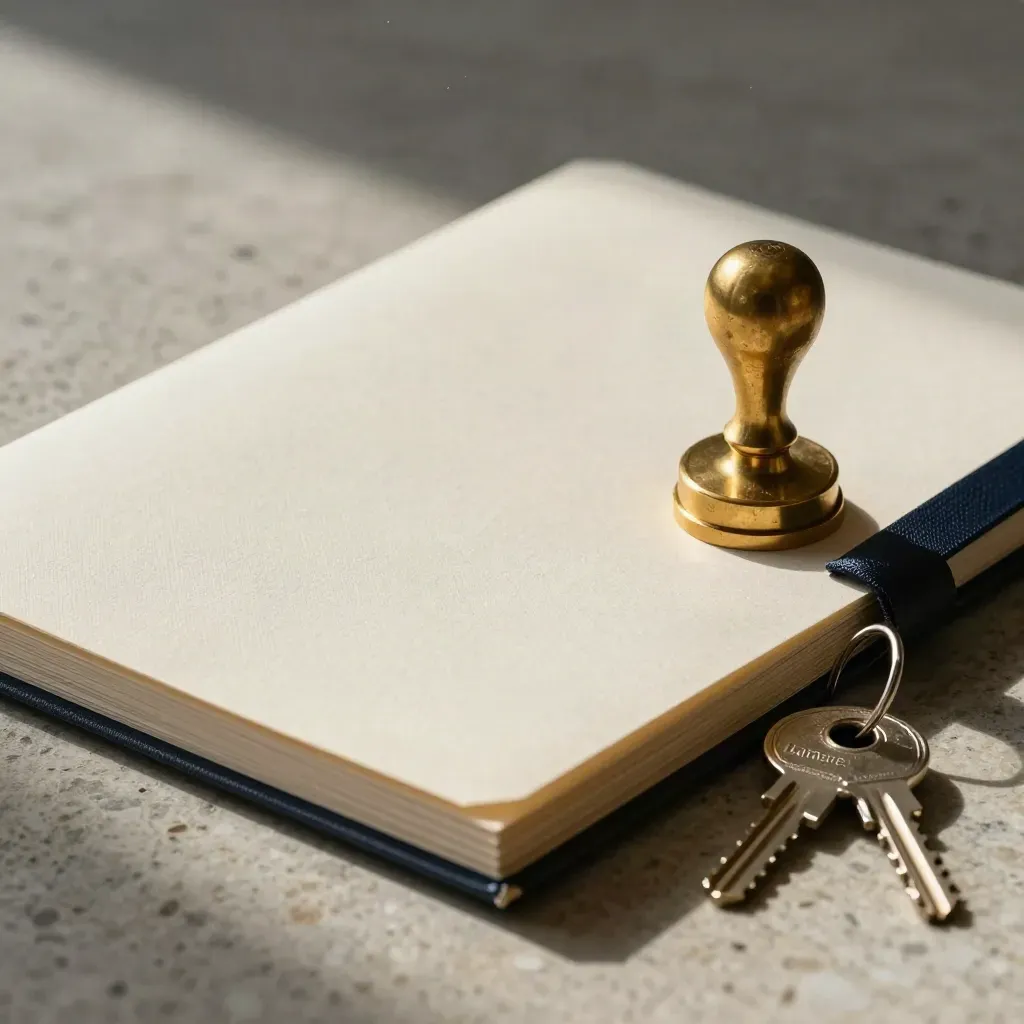 Closed broker case folder, brass stamp and key ring on stone, ready for dispatch.
