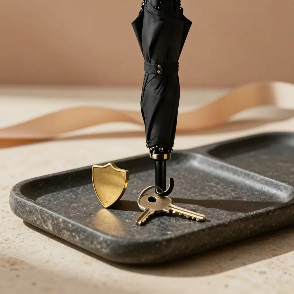 Black umbrella, house key and brass shield on a dark stone tray.