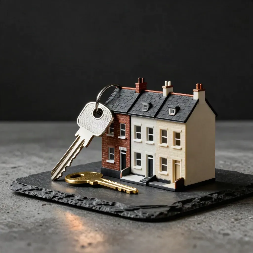 Brushed keys beside a miniature terraced house model on slate coaster, lit dramatically on concrete.