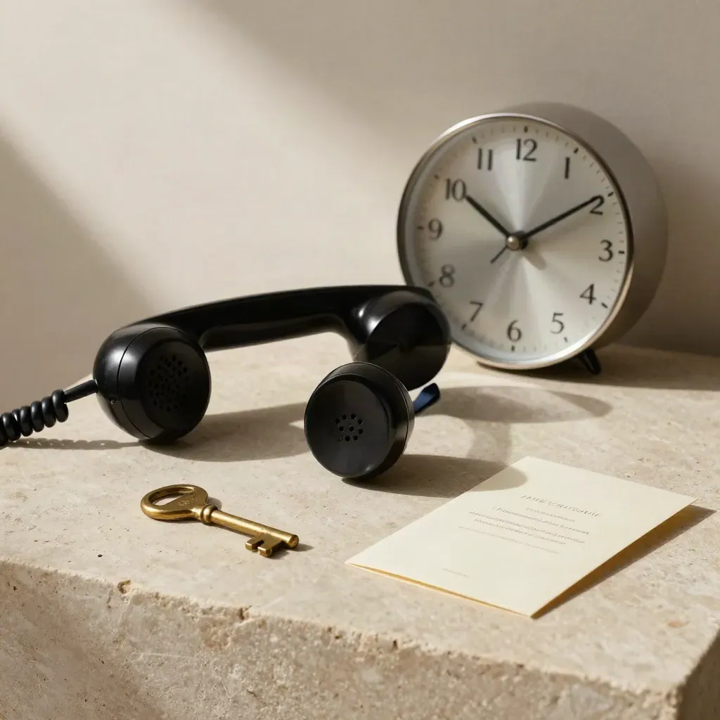 Vintage handset, brass key and wall clock on a stone side table in soft side light.
