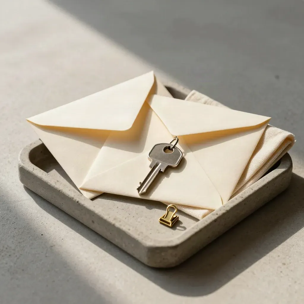 Top-down tray still life with envelopes, a house key and brass clip on stone.
