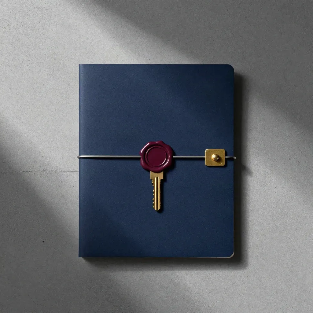 Closed navy folder sealed with wax, brass key under a metal band on concrete.