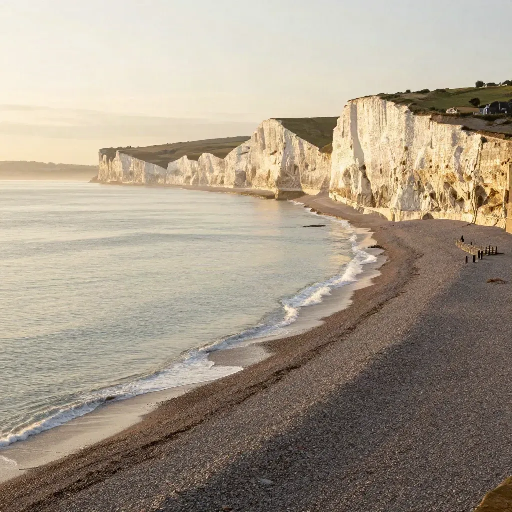 Brighton seafront and chalk cliffs in golden haze above a calm pale shore