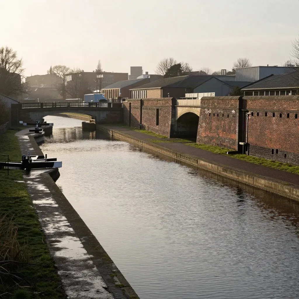 Elevated canal view with stone bridges, brick walls, haze, and quiet watermeadow